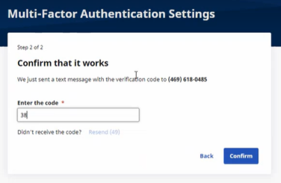 In the image, a field displays to enter the code received from the user's phone.